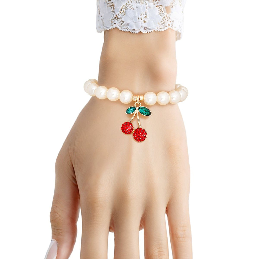 Bracelet Cream Pearl Cherry Red Rhinestone Charm